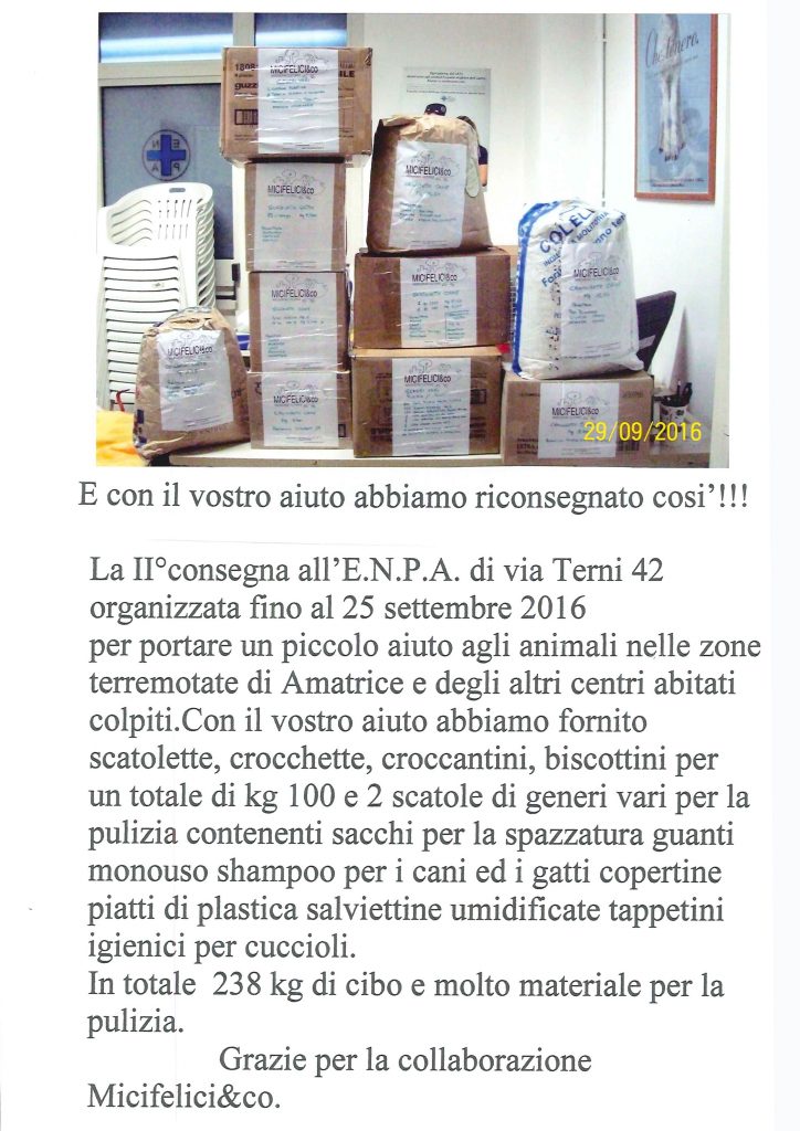 Micifelici&co aiuti agli animali terremotati nelle zone di rieti ed ascoli piceno